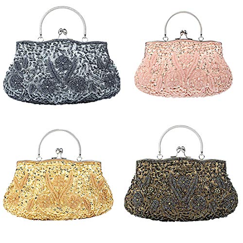 EROUGE Tmore Beaded Sequin Design Flower Evening Purse Large Clutch Bag (Dark Blue) - Image 2