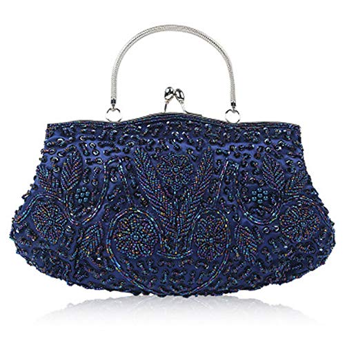 EROUGE Tmore Beaded Sequin Design Flower Evening Purse Large Clutch Bag (Dark Blue) - Image 1