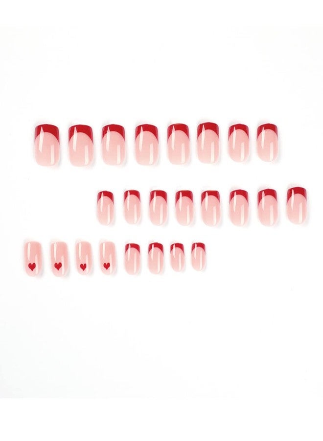 YKZFUI Valentine's Day Press on Nails Short Square,Red Heart Fake Nail French Nail Tip Love Press on Nail Almond Short for Acrylic Nail Red Heart Love Valentine's Nail for Womne Glue on Nail,24 Pcs - Image 3