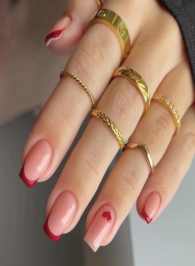 YKZFUI Valentine's Day Press on Nails Short Square,Red Heart Fake Nail French Nail Tip Love Press on Nail Almond Short for Acrylic Nail Red Heart Love Valentine's Nail for Womne Glue on Nail,24 Pcs - Image 1