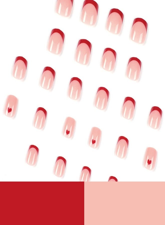 YKZFUI Valentine's Day Press on Nails Short Square,Red Heart Fake Nail French Nail Tip Love Press on Nail Almond Short for Acrylic Nail Red Heart Love Valentine's Nail for Womne Glue on Nail,24 Pcs - Image 2