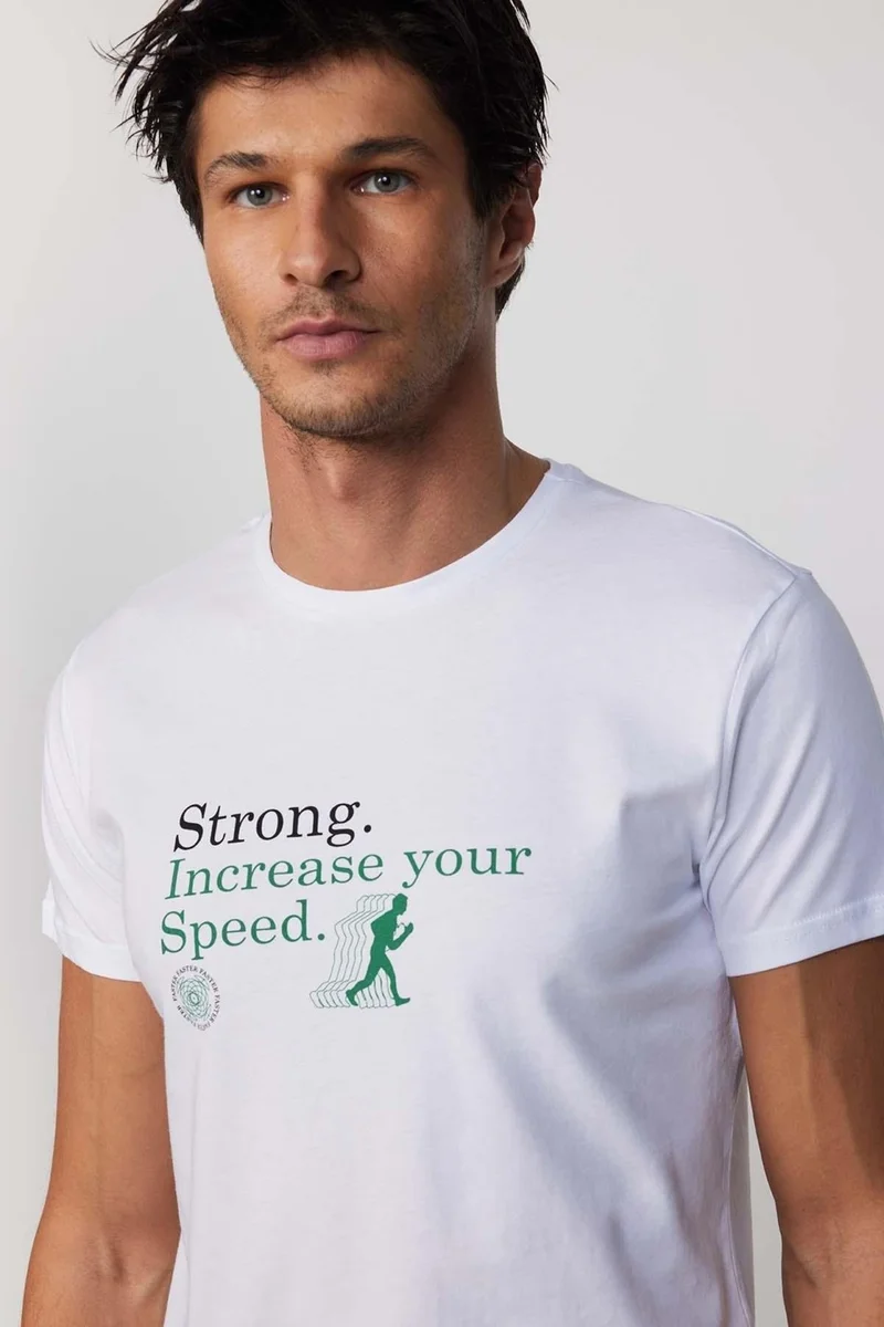 تودورس Men's Slim Fit Narrow Cut 100% Cotton Soft Textured Printed White Crew Neck T-Shirt