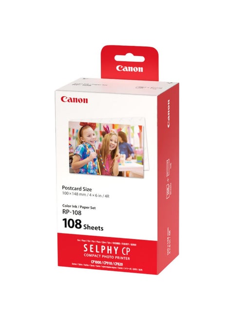 طابعة الصور المدمجة RP-108 SELPHY بحجم بطاقة بريدية مع مجموعة حبر/ورق ملون، تطبع ما يصل إلى 108 صورة بحجم بطاقة بريدية، متوافقة مع طابعات Canon SELPHY (CP1500 وCP1300 وCP1000)