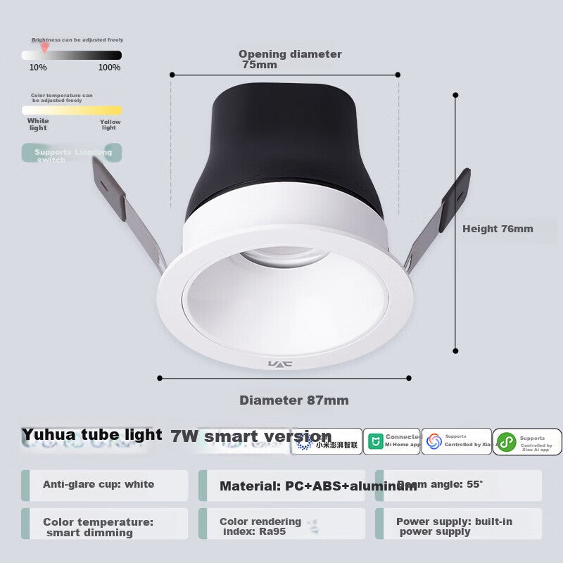 JD Jing Zao NVC LED Downlight for Home Living Room Ceiling Recessed Anti-Glare White Cup, 7W Smart Stepless Dimming [Yuhua] Ra95 - Image 1