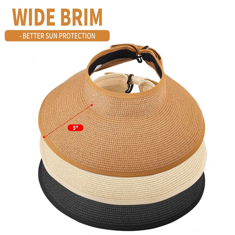 MEINICY 3PCS Foldable Straw Sun Visor Hats for Women, Wide Brim Ponytail Summer Beach Hat, Protect Your Skin Easily, Nature & Black & Beige - Image 4