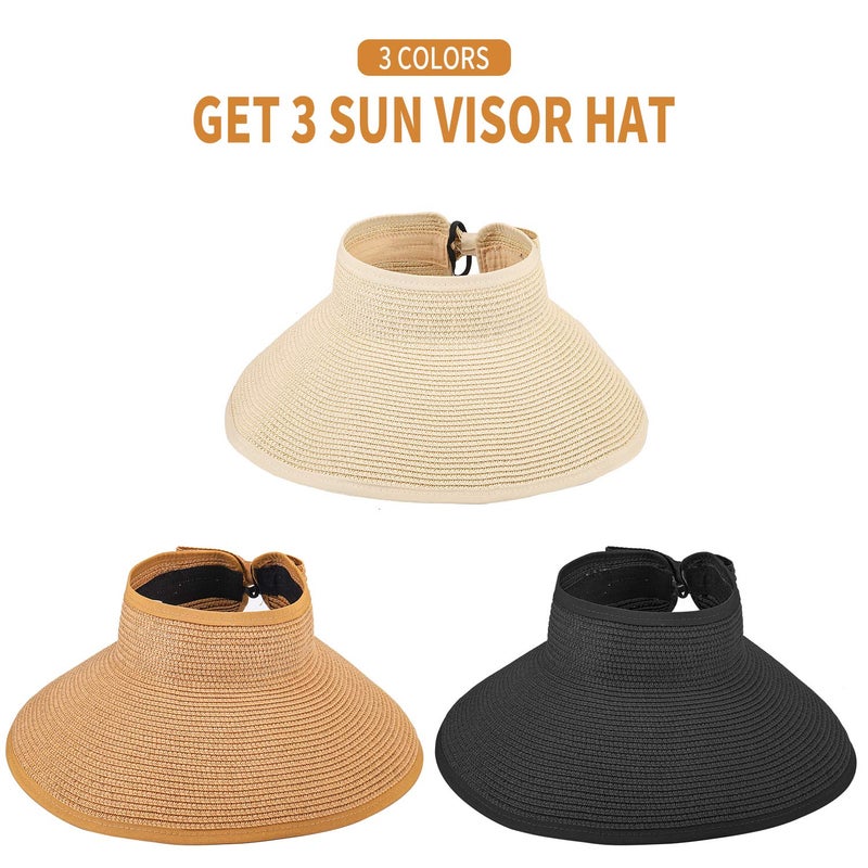 MEINICY 3PCS Foldable Straw Sun Visor Hats for Women, Wide Brim Ponytail Summer Beach Hat, Protect Your Skin Easily, Nature & Black & Beige - Image 2