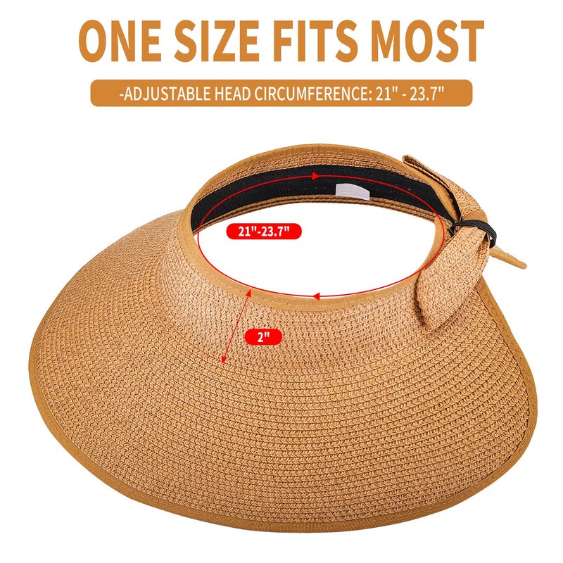 MEINICY 3PCS Foldable Straw Sun Visor Hats for Women, Wide Brim Ponytail Summer Beach Hat, Protect Your Skin Easily, Nature & Black & Beige - Image 5