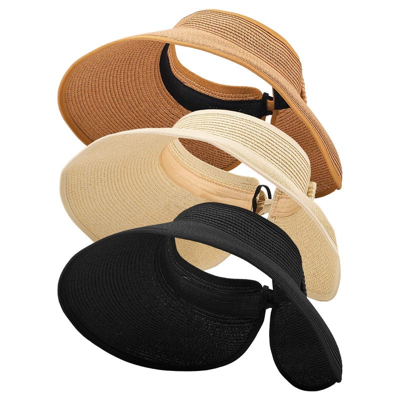 MEINICY 3PCS Foldable Straw Sun Visor Hats for Women, Wide Brim Ponytail Summer Beach Hat, Protect Your Skin Easily, Nature & Black & Beige - Image 1