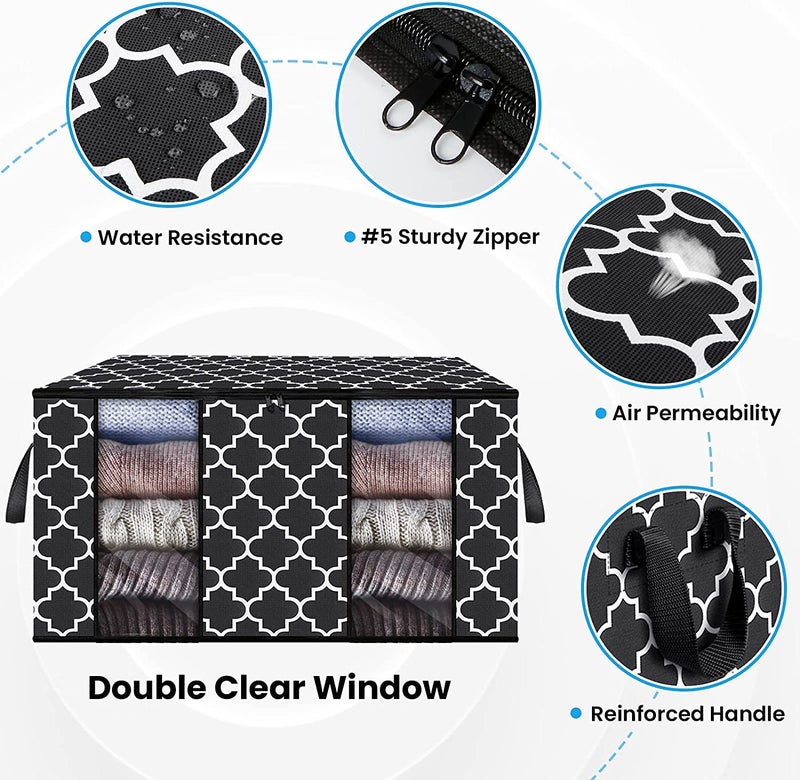 KIKA HOMS Moroccan Print Clothes Storage Bag Organizer [1 Pack/100L], Large Capacity Clothes Organization for Comforter, Blanket, Bedding, Black - Image 3