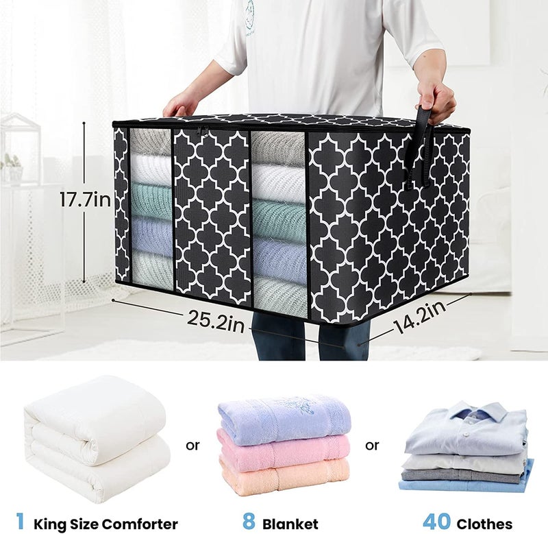KIKA HOMS Moroccan Print Clothes Storage Bag Organizer [1 Pack/100L], Large Capacity Clothes Organization for Comforter, Blanket, Bedding, Black - Image 2