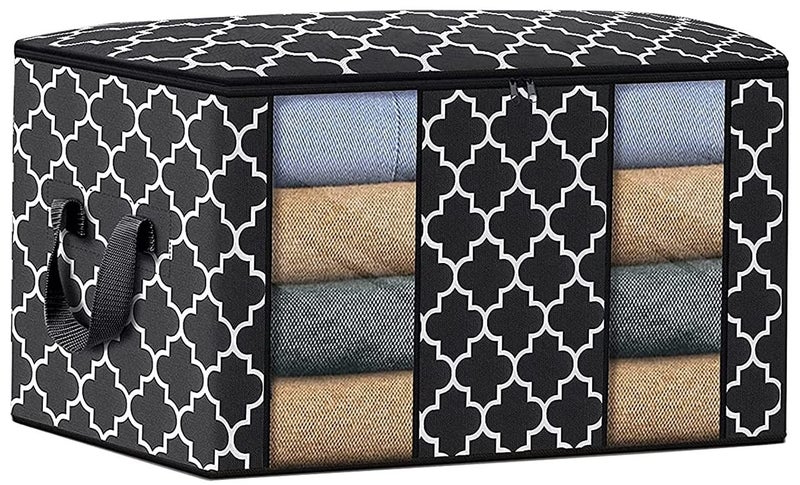 KIKA HOMS Moroccan Print Clothes Storage Bag Organizer [1 Pack/100L], Large Capacity Clothes Organization for Comforter, Blanket, Bedding, Black - Image 1