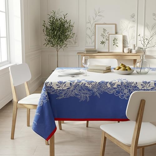 RUSTIQUE LINENS Block Print Design Cotton Table Cloth 6 Seater – Dining Table Cover Cloth, Washable Table Cloth for Dining Table – 150 x 234 CM (Fits 6–8 Seater) - Frosty Bloom - Image 1