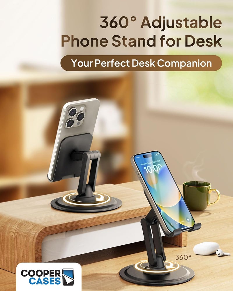 cooper 360° Stand - Adjustable Cell Phone Stand for Desk | 360° Click-Rotating, Multi-Angle, Non-Slip Metal Base, Foldable & Portable | iPhone Stand for Desk, Cell Phone Stand Holder (Piano Black) - Image 2