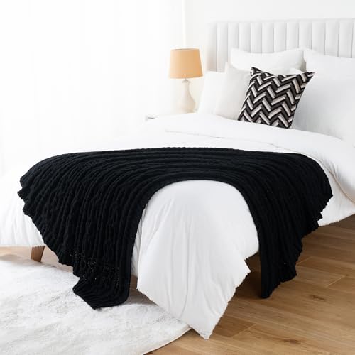 Battilo Black Throw Blanket for Couch, Cable Knit Blanket for Bed,Chair, Home Decor, Soft Cozy Woven Chenille Throw Blanket, Decorative Boho Throw Blanket, 51"x67" - Image 4