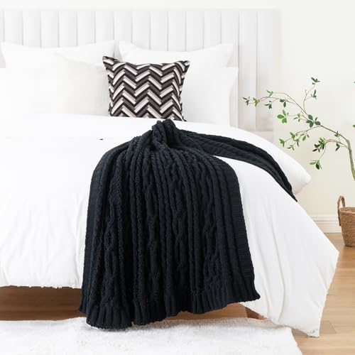 Battilo Black Throw Blanket for Couch, Cable Knit Blanket for Bed,Chair, Home Decor, Soft Cozy Woven Chenille Throw Blanket, Decorative Boho Throw Blanket, 51"x67" - Image 5