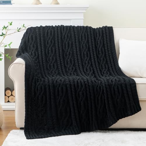 Battilo Black Throw Blanket for Couch, Cable Knit Blanket for Bed,Chair, Home Decor, Soft Cozy Woven Chenille Throw Blanket, Decorative Boho Throw Blanket, 51"x67" - Image 2