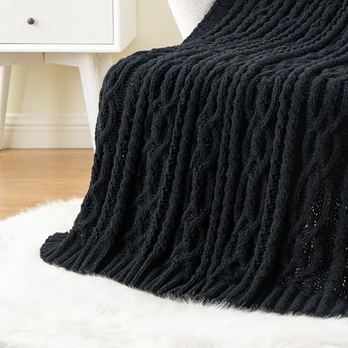 Battilo Black Throw Blanket for Couch, Cable Knit Blanket for Bed,Chair, Home Decor, Soft Cozy Woven Chenille Throw Blanket, Decorative Boho Throw Blanket, 51"x67" - Image 1