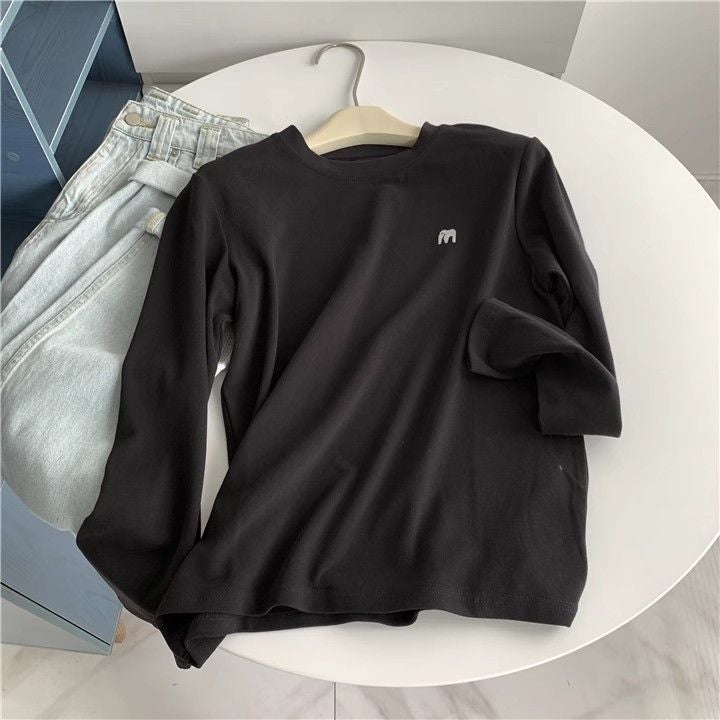 Double-Sided Velvet Sanding Elephant Embroidered Crewneck Long-Sleeved T-Shirt Women'S Loose White Thickened Base Shirt - Image 1