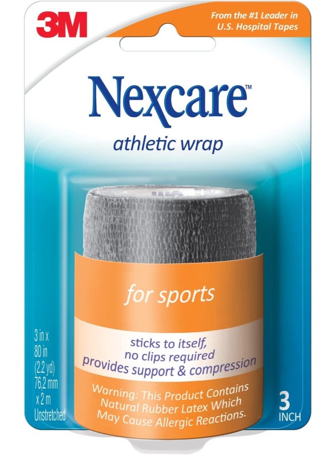 Nexcare No Hurt Wrap Black 3 in x 2.2 yds - Self-Adhesive Cohesive Compression Bandage, Sticks to Itself Not Skin or Hair, Painless Removal, Breathable Support Wrap for Wrist Ankle Knee & Sports