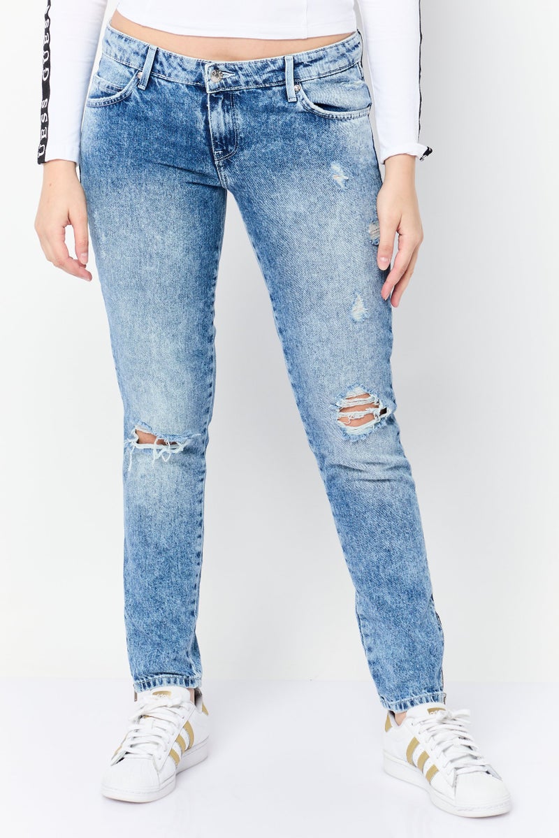 GUESS Women Regular Fit Ripped Non Stretchable Denim Jeans, Blue - Image 1