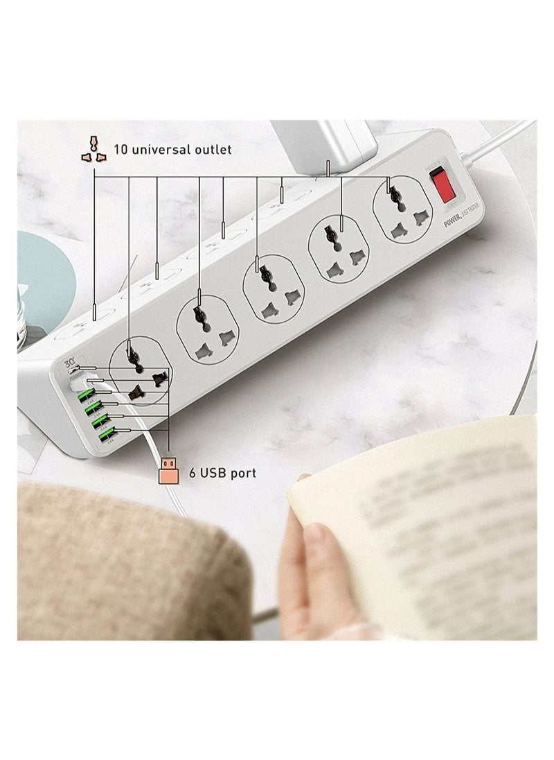 Y&D - Surge Protector Power Strip,Extension Socket,30W 6-Port USB Charger Strip with 10*Outlets/5 *USB / 1 * PD USB-C Wall Adapter Fast Charging,2500 Watt, 2 Meter Cable - Image 1