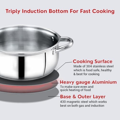 Avias INOX IB Belly Stainless Steel Cookpot with Glass Lid, Triply Induction Bottom, Multi Purpose Cooking Pot, Gas & Induction Compatible, Durable & Long Lasting 14cm - Image 4