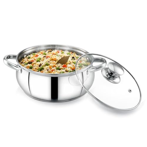 Avias INOX IB Belly Stainless Steel Cookpot with Glass Lid, Triply Induction Bottom, Multi Purpose Cooking Pot, Gas & Induction Compatible, Durable & Long Lasting 14cm - Image 1