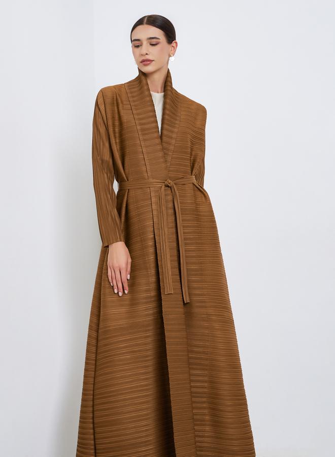 تايك تو عباية سادة محبوكة بكسرات وحزام وأكمام طويلة - Image 3