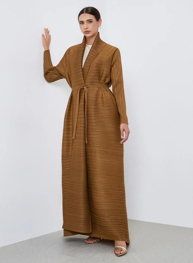 تايك تو عباية سادة محبوكة بكسرات وحزام وأكمام طويلة