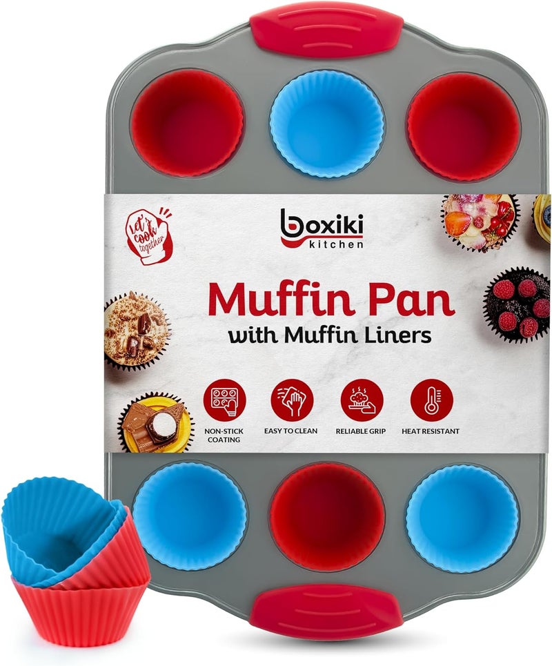 Boxiki Kitchen صينية مافن مصغرة 12 كوب مع بطانات مافن سيليكون. - Image 1