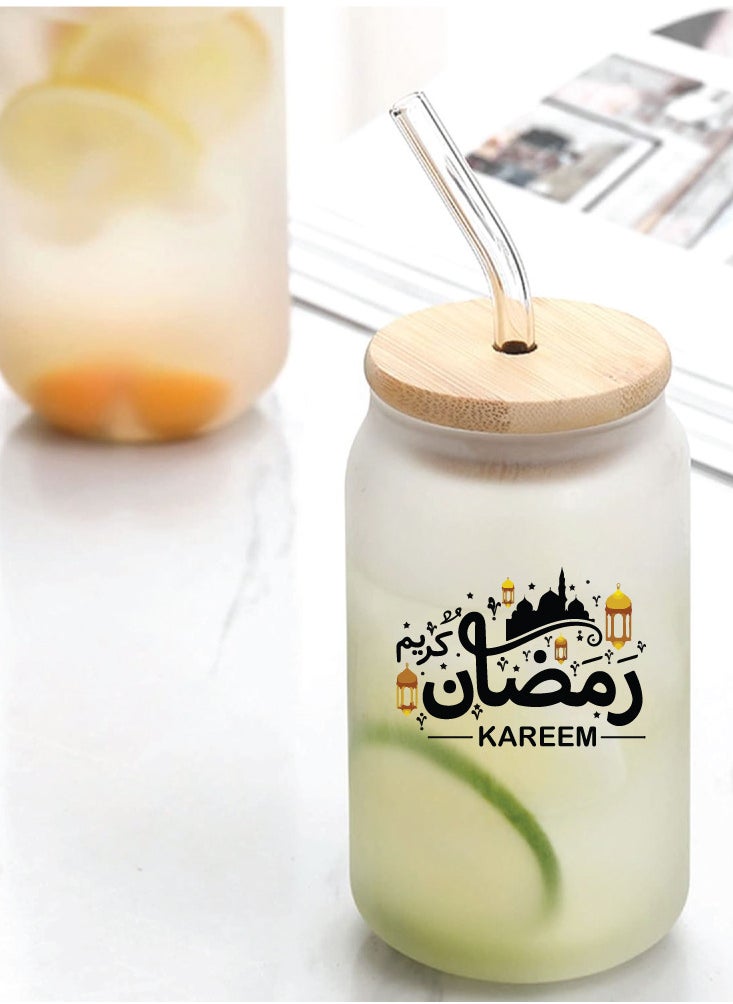 PRINTSHOP4ME Ramadan Kareem and Eid Mubarak Gift - Glass Bottle with Straw & Bamboo Lid 455 ml - Ramadan gift for all Islamic  - Image 2