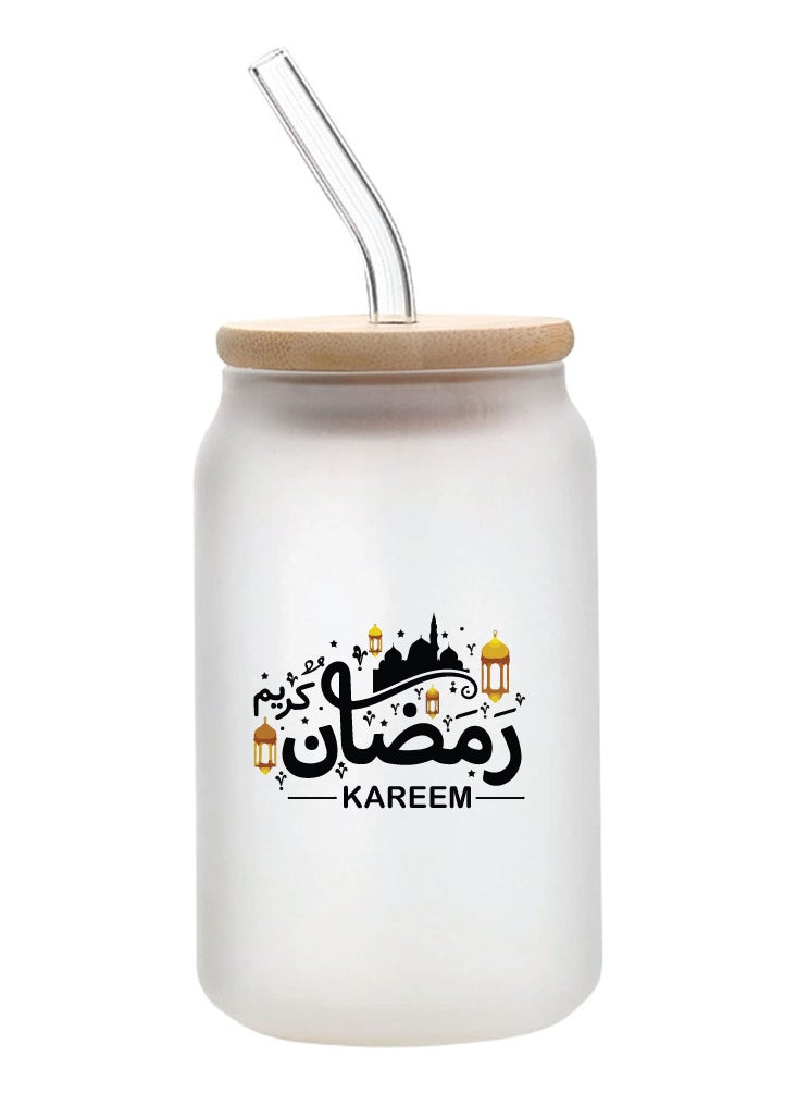PRINTSHOP4ME Ramadan Kareem and Eid Mubarak Gift - Glass Bottle with Straw & Bamboo Lid 455 ml - Ramadan gift for all Islamic  - Image 1
