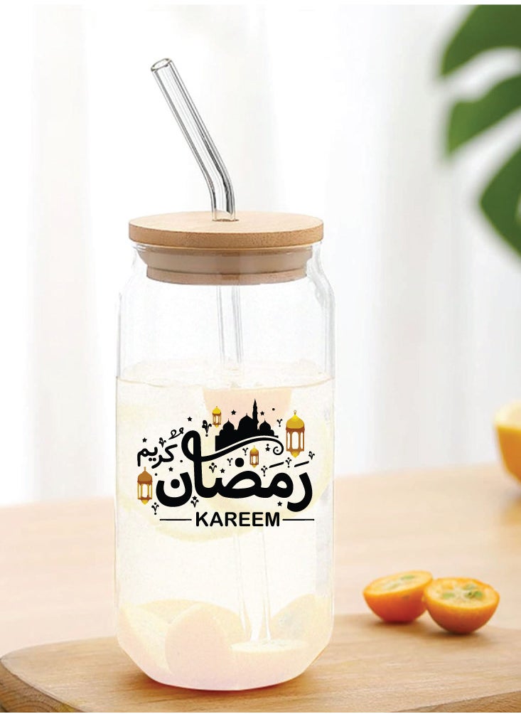 PRINTSHOP4ME Ramadan Kareem and Eid Mubarak Gift - Glass Bottle with Straw & Bamboo Lid 455 ml - Ramadan gift for all Islamic  - Image 3