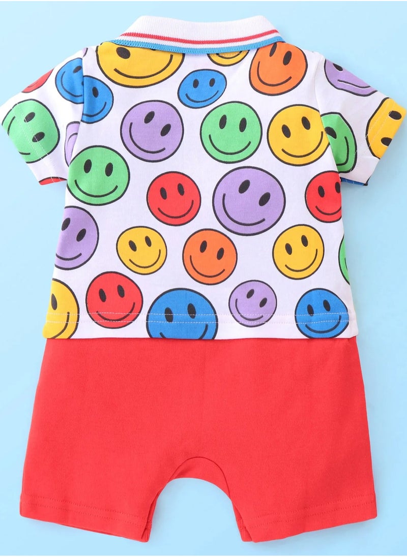 babyhug - Babyhug 100% Cotton Knit Half Sleeves Romper Smiley Print - Red - Image 1