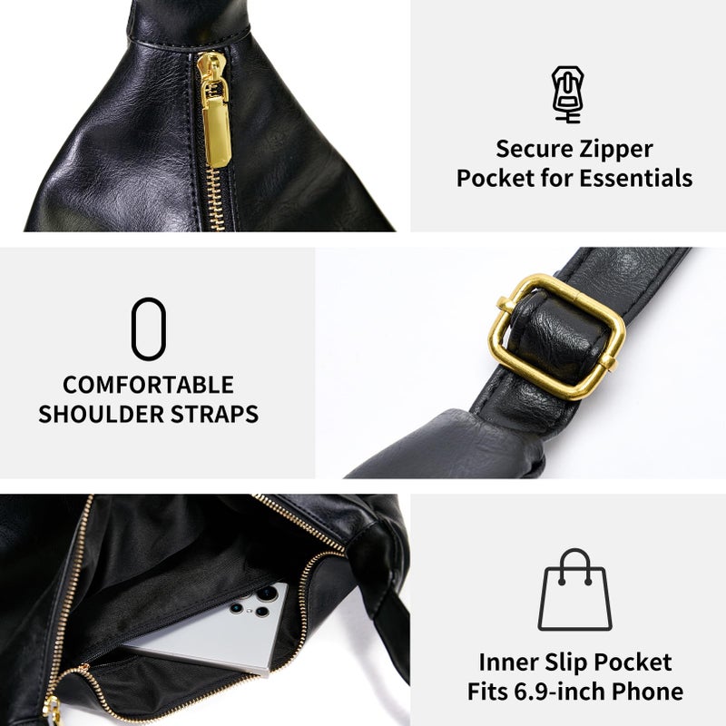 celestina Hobo Bags for Women, Ultra Soft Foldable Vegan Leather Shoulder Handbag, Stylish Slouchy Tote Purses (Black) - Image 4