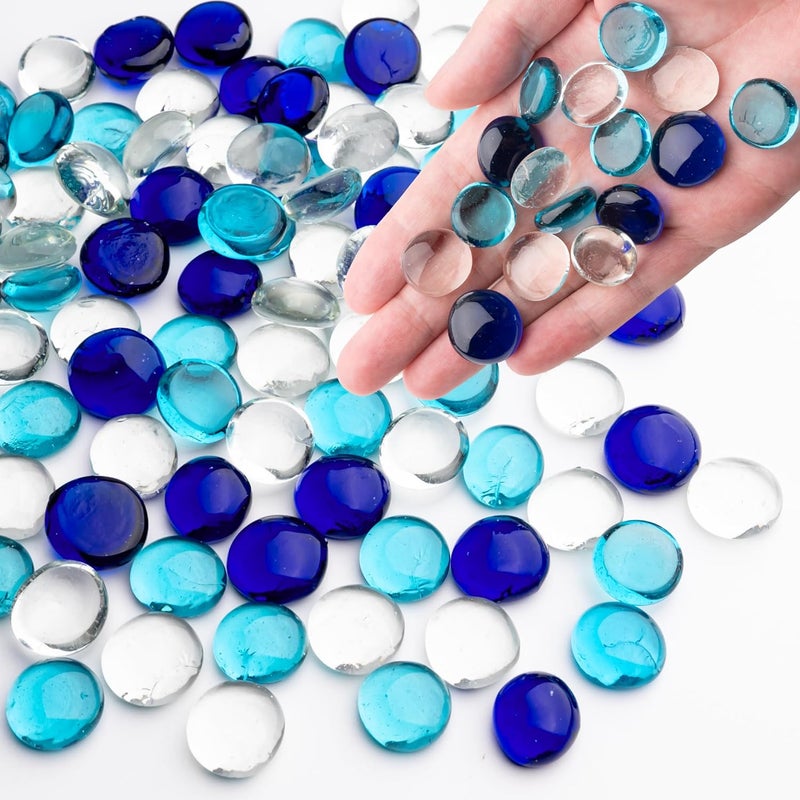 Meschett 1LB Mixed Blue Glass Marbles, Transparent and Smooth Flat Glass Beads for Vases, Mosaic Gem Pebbles for Aquarium Decor, Floral Arrangements, Mancala Stones, Vase Filler and Crafts (Approx. 80-100 PCS) - Image 1