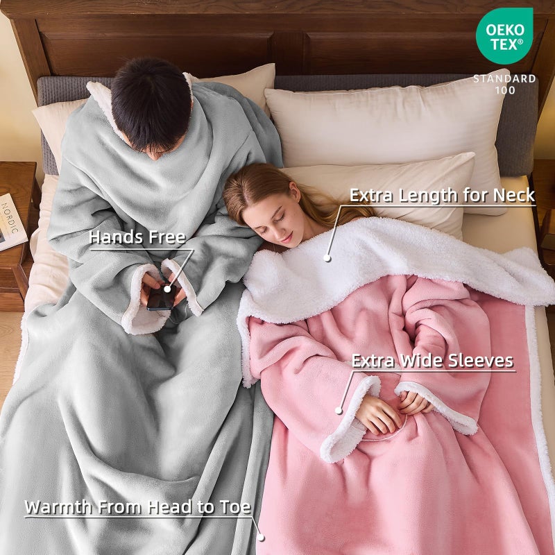 IFNOW Sherpa Wearable Blanket with Sleeves for Women Men Adults, Christmas Birthday Gifts for Women Mom Wife, Cozy Wearable Blanket with Arm and Pocket, Warm Full Body TV Wrap Throw Blanket, Grey - Image 2