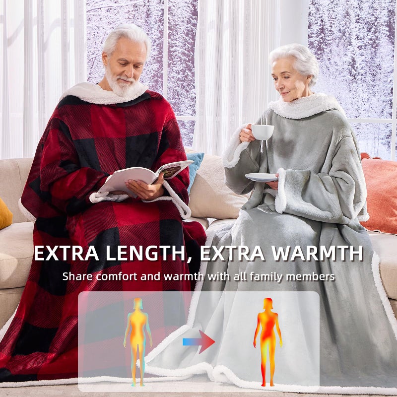 IFNOW Sherpa Wearable Blanket with Sleeves for Women Men Adults, Christmas Birthday Gifts for Women Mom Wife, Cozy Wearable Blanket with Arm and Pocket, Warm Full Body TV Wrap Throw Blanket, Grey - Image 4