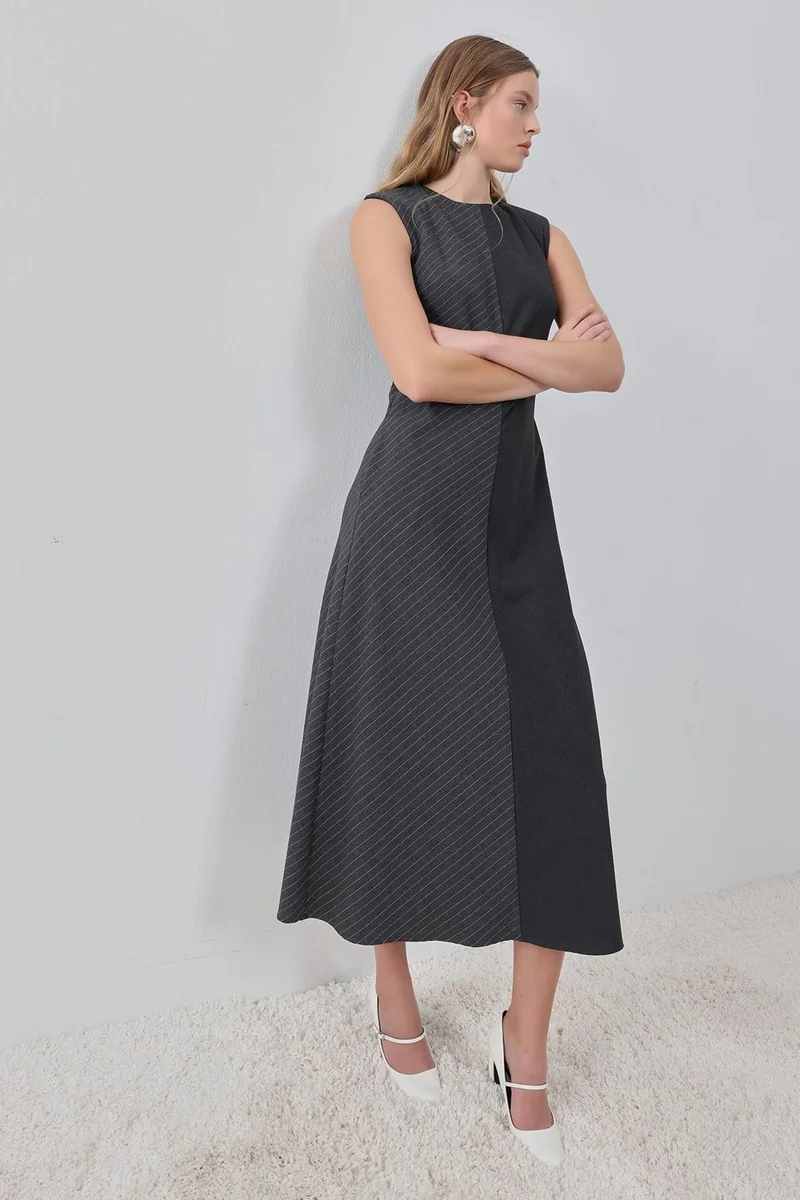 Pieces Of Melon Anthracite Striped/Plain Contrast Sleeveless Pocketed Midi Dress