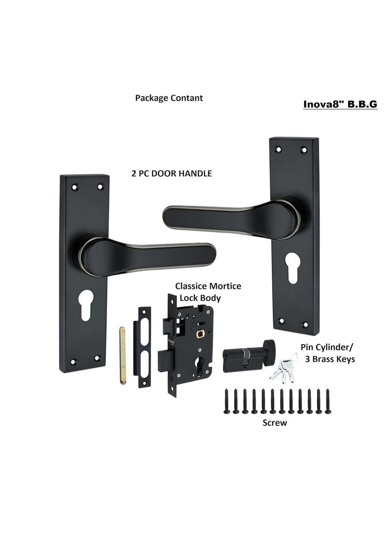 Kunal - Kunal Inova BBG Main Door Handle Lock Set with 60MM Brass Cylindrical Lock 3 computrised Brass Ultra Key OfficeBedroom Lock with JBlackBlk Gloss Finish Matrial SteelZinc Size 8 Inch - Image 1