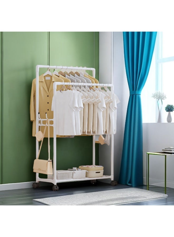 علاقة ملابس مزدوجة بعجلات – منظم ملابس وأحذية وقبعات معدني قابل للتنقل، حامل تجفيف قوي متين للغرف وغرف الغسيل بتصميم عصري موفر للمساحة - أبيض - Image 2