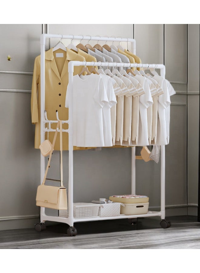 علاقة ملابس مزدوجة بعجلات – منظم ملابس وأحذية وقبعات معدني قابل للتنقل، حامل تجفيف قوي متين للغرف وغرف الغسيل بتصميم عصري موفر للمساحة - أبيض - Image 1