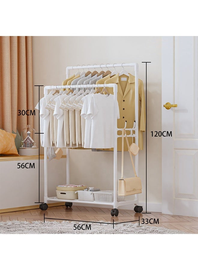 علاقة ملابس مزدوجة بعجلات – منظم ملابس وأحذية وقبعات معدني قابل للتنقل، حامل تجفيف قوي متين للغرف وغرف الغسيل بتصميم عصري موفر للمساحة - أبيض - Image 3
