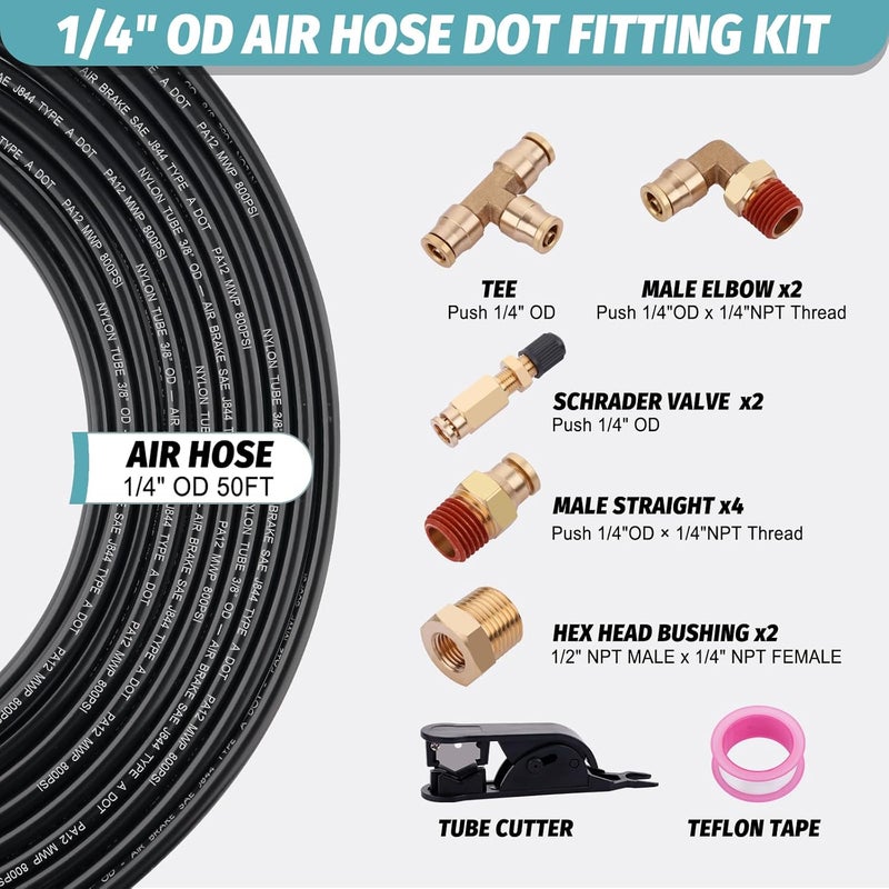 Boeray 50FT 1/4 Air Hose Brass Fittings Kit with Cutter for Air Suspension Systems - Image 2
