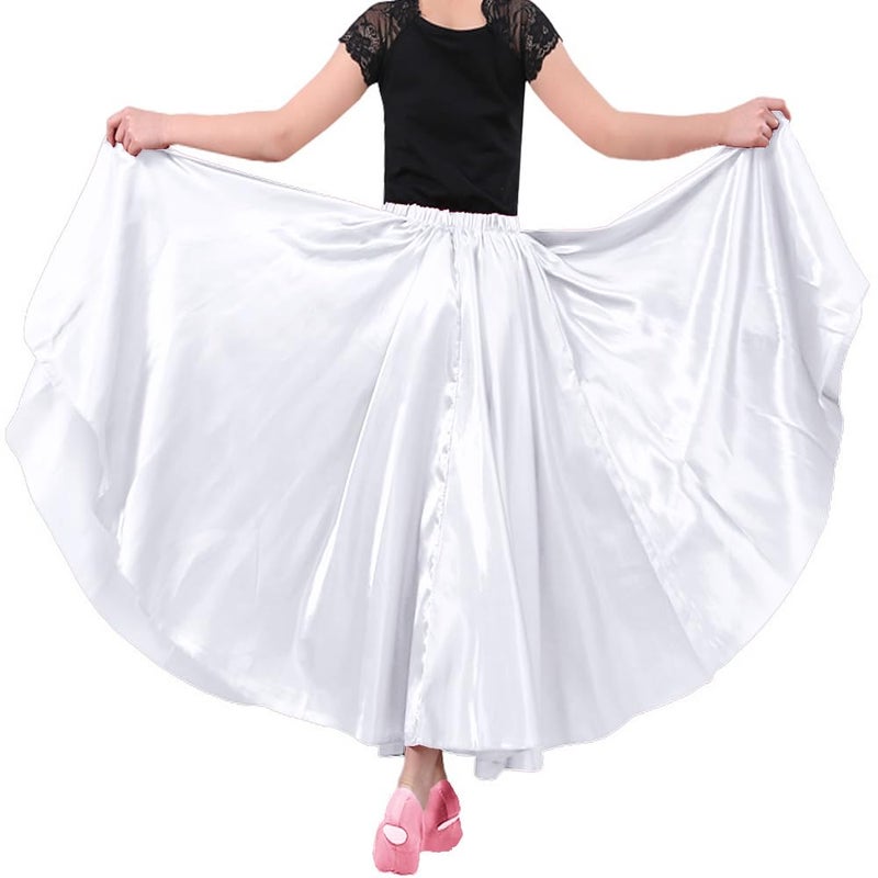 BACKGARDEN 36" White Girls Stretched Shiny Satin Flowy Long Dance Skirt Dancewear - Image 5