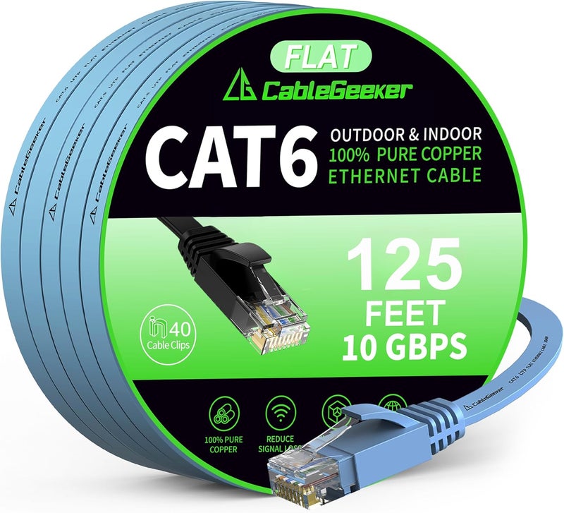 CableGeeker Cat 6 Ethernet Cable 125 ft, Indoor&Outdoor, High Speed 10Gbps Flat Internet Network Cable, Cat6 Ethernet Patch Cable Long, Computer LAN Cable with Free Clips & Straps for Router, Modem, PS4/5, Blue - Image 1