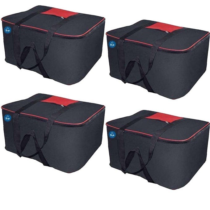 NYLON BIG UNDERBED STORAGE BAG MOISTURE PROOF CLOTH ORGANISER WITH ZIPPERED CLOSURE AND HANDLE COMBO OF 4 BLACK RED