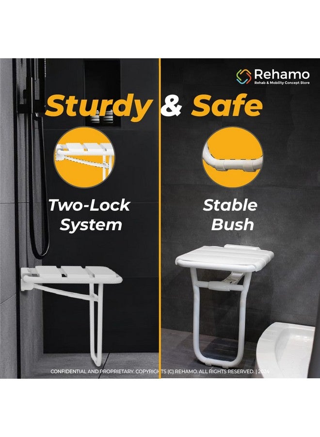 Rehamo Flip Up Bathroom Chair Showerie PFD for Senior Citizens, Pregnant Women & Post-Op | Wall Mounting Bathroom Stool with Aluminum Frame, Stable Bush, Two Point Locking System & 1 Year Warranty - Image 4