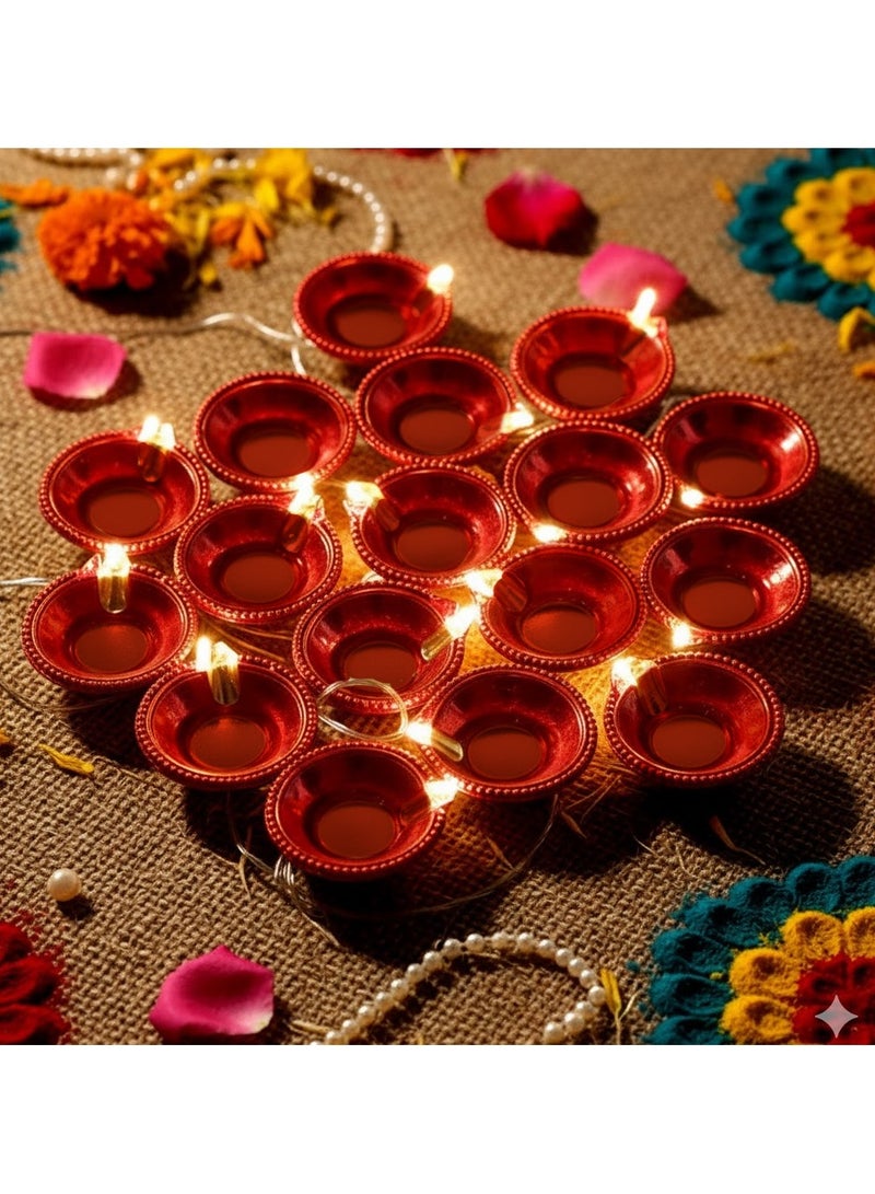 ZAYO LED Diya String Lights – Decorative Electric LED Fairy Lights with Traditional Diya, Design for Home Decor, Diwali, Festivals, Weddings & Party Decoration, 20 Pieces LED Diya set - Red - Image 1