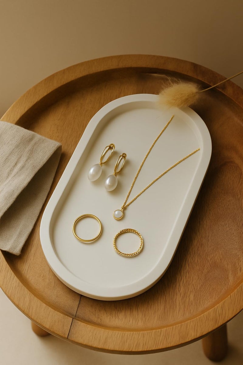 TREETRUNK Concrete Oval Trinket Tray | Jewellery/Makeup/Table Organizer l Home Decor l Candle Tray | Multipurpose (Off White) 18.8x10.2x2cm - Image 1